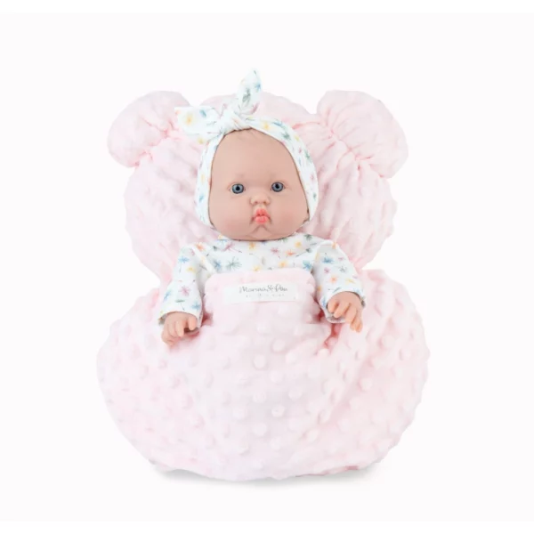 Бебе кукла Бети с розово одеяло, седнала върху меко плюшено мече – Marina & Pau