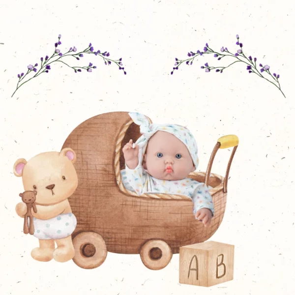 Бебе кукла Бети в илюстративна сцена с дървена количка и плюшено мече