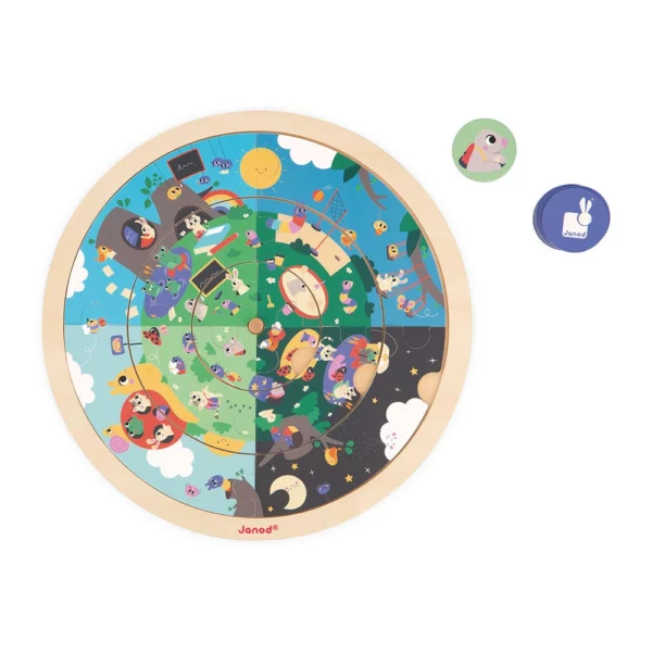 Образователен пъзел "Четири сезона в градината" с два допълнителни кръгли елемента, които се поставят в основната дървена рамка.