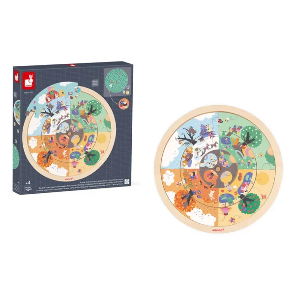 Опаковка на образователния пъзел "Четири сезона в градината" от Janod, показваща съдържанието и възрастовото ограничение 4+.