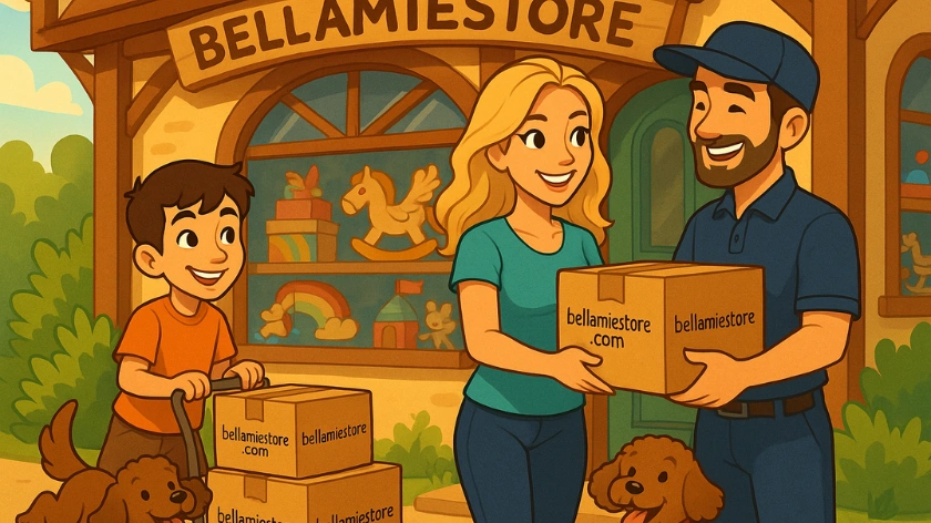 Предаване на пратките за доставка на дървени играчки от Bellamiestore пред магазина, показващо удобството на онлайн пазаруването от bellamiestore.com.