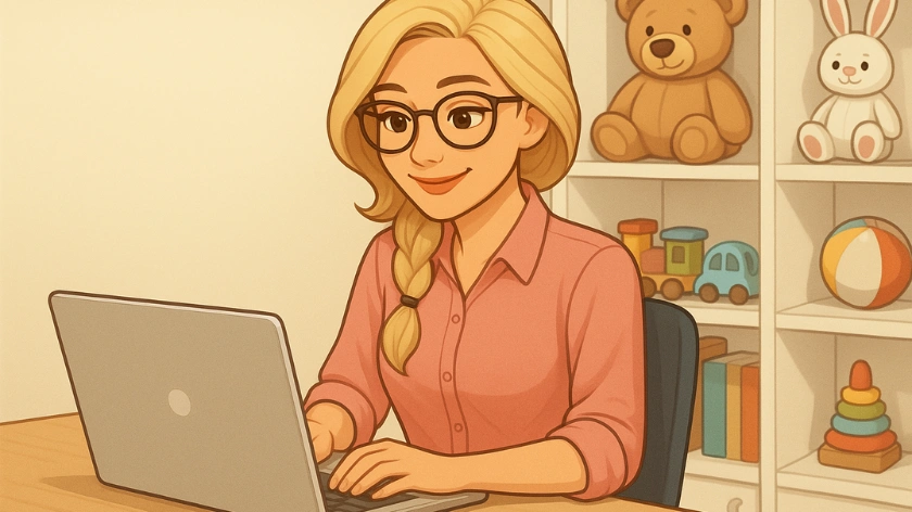 Виолета от Bellamie Store обработва поръчки за доставка на дървени играчки на лаптопа си, заобиколена от качествени детски играчки.