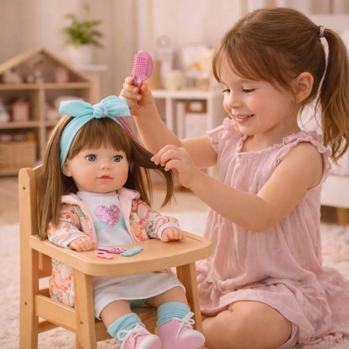 Кукла Алина 45 см с дълга коса и меко тяло Marina and Pau в игра с дете, което сресва косата ѝ