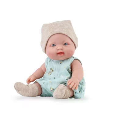 Кукла бебе Чико усмихнато момченце със син гащеризон и бежова шапка от винил