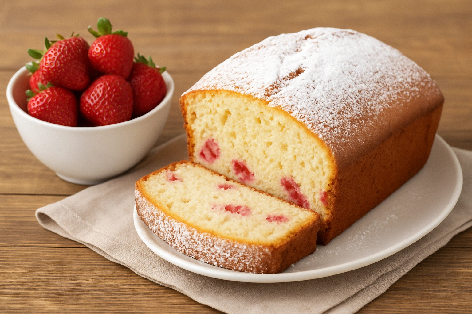 Кекс с ягоди с отрязано парче, представен на бяла чиния заедно с малка купичка пресни ягоди, всичко това поставено на дървена маса с бежова кърпа.