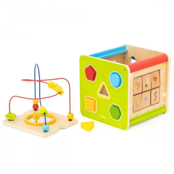 Дървен дидактичен куб 9 в 1 - образователна играчка от VIGA Toys с поглед отгоре към лабиринта с мъниста