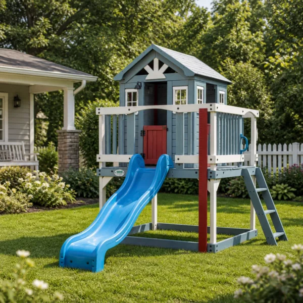 Детска дървена къщичка Beacon Backyard с пързалка синя и площадка за игра за деца 3+
