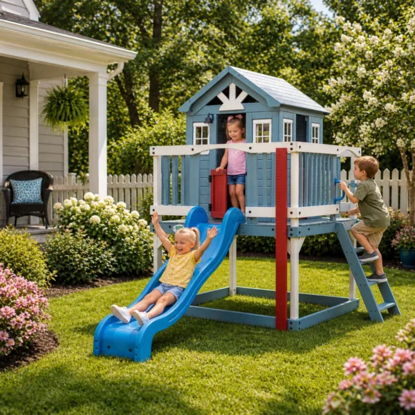 Детска дървена къщичка Beacon Backyard с пързалка игра на деца в двор за деца 3+