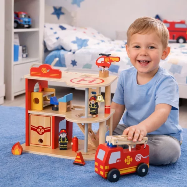 Дървена пожарна станция с аксесоари VIGA Toys дете играе