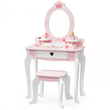 Дървена тоалетка за принцеси с табуретка - Viga Toys с огледало с корона и чекмедже със сърцевидна дръжка
