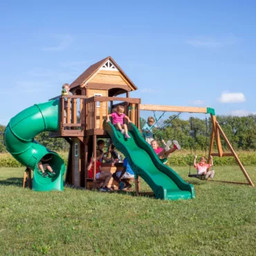 Детска площадка Cove Backyard тунелна пързалка с мрежеста люлка за двама