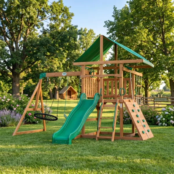Детска площадка Grayson Backyard с пързалка люлки и дървена конструкция за двор за деца
