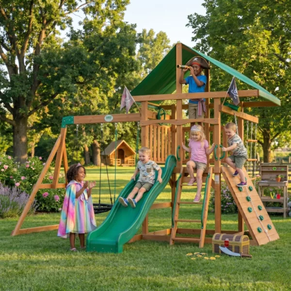 Детска площадка Grayson Backyard с въжени катерушки пързалка и люлки за деца над 3 години