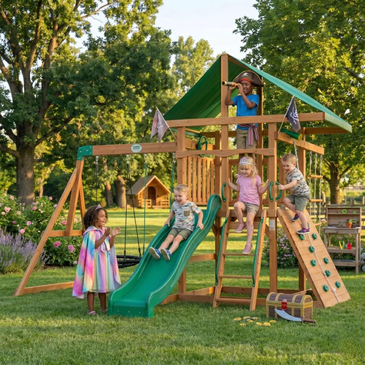 Детска площадка Grayson Backyard с въжени катерушки пързалка и люлки за деца над 3 години