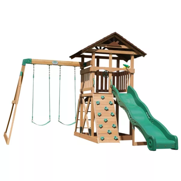 Детска площадка Lightning Backyard дървена с пързалка люлки зелена за двор