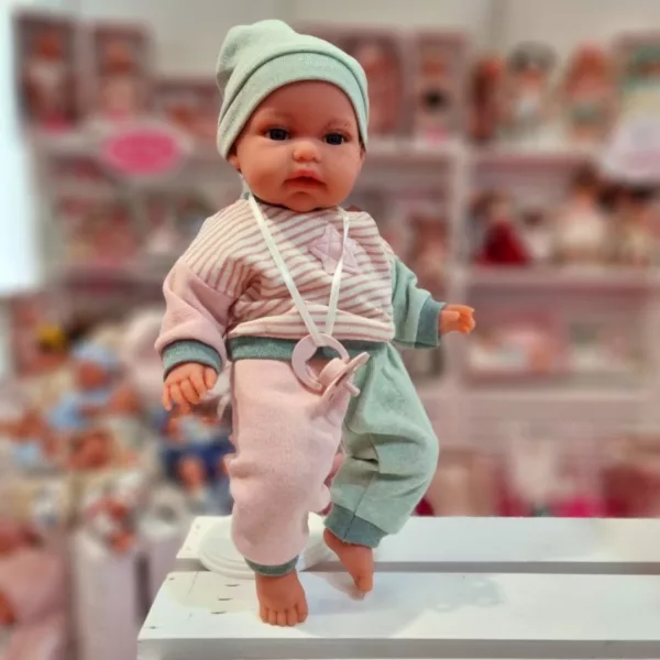 Детска говореща кукла Тонета в ментово-розов комплект с плюшена възглавница