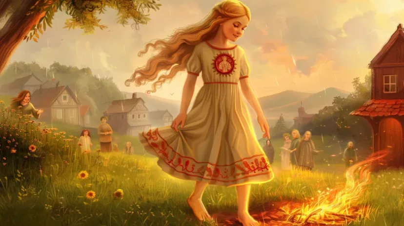 Момиче с разпусната златиста коса в носия танцува до огън в детска книжка за нестинарите