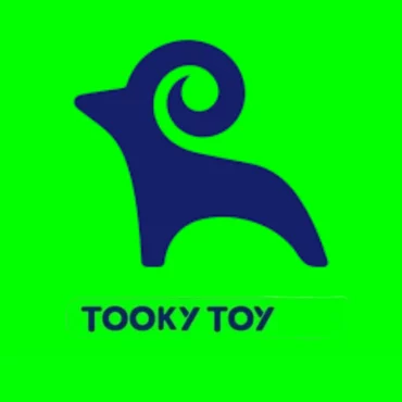 Синьо лого на Tooky Toy на ярко зелен фон - висококачествени образователни играчки от Bellamiestore