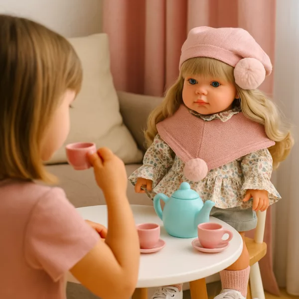 Момиче играе на чаено парти с кукла Белла и сервиз за чай