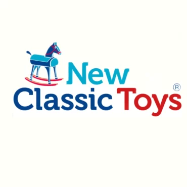 Лого на New Classic Toys с синьо-червено люлеещо се конче - традиционни дървени играчки от Bellamiestore