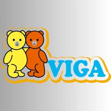 Логото на Viga toys - качествени детски, образователни играчки от Bellamiestore с жълто и оранжево мече