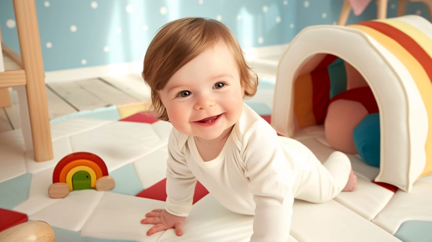 Усмихнато бебе пълзи върху килим с дървена дъга и цветна играчка дъга