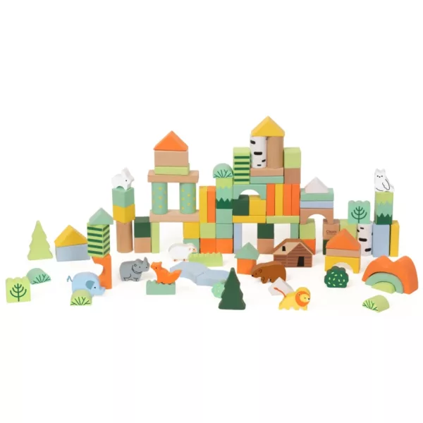 Конструктор Горско приключение – цветни дървени блокчета и фигурки на животни, сглобени в замък