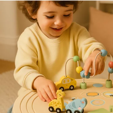 Дете развива моторика с дървена масичка сафари, цветни елементи и животни