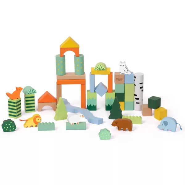 Комплект дървени блокчета, животни и дървета, естествени материали, за малки строители
