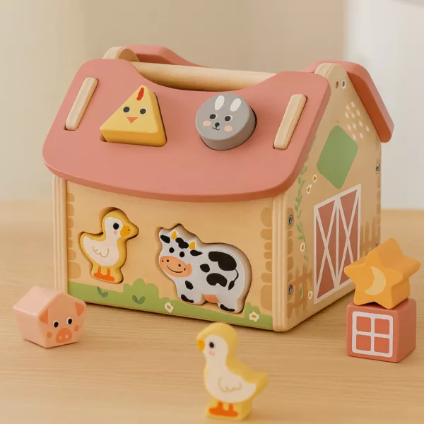 Дървена къщичка сортер с животни и форми, ръкохватка, розов покрив, пастелни цветове, Tooky Toy