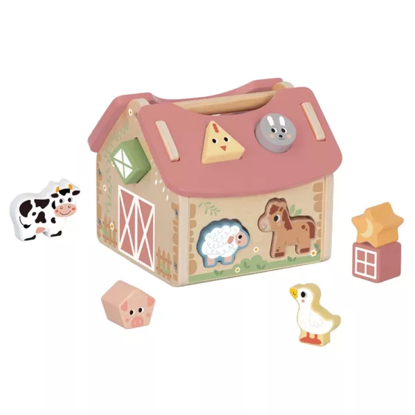 Дървена къщичка сортер с животни, форми и дръжка, ферма в пастелни цветове за малки деца
