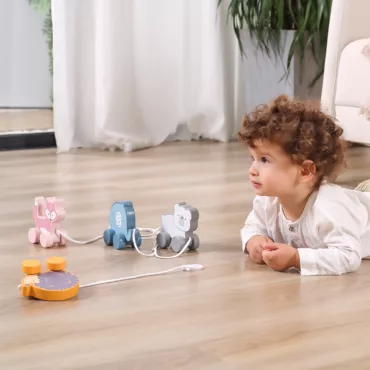 Дървени играчки за дърпане – лисица, слонче и мечка, пастелни цветове, подходящи за бебета над 1 година