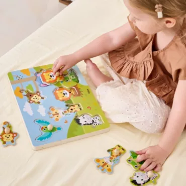 Детски дървен пъзел със савански животни, момиче играе, обучаваща и забавна играчка за деца