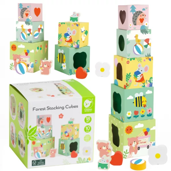 Три варианта на подредени кубчета с кутия и всички дървени фигури от комплекта