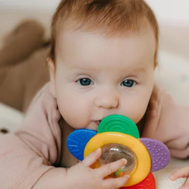 Дрънкалка цвете с текстури за дъвчене, ярки цветове, подходяща за бебета