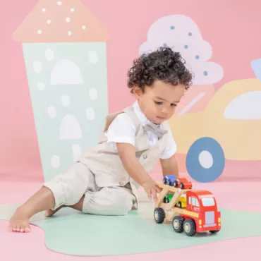 Детски дървен автовоз с цветни коли, образователна играчка за момчета над 2 години