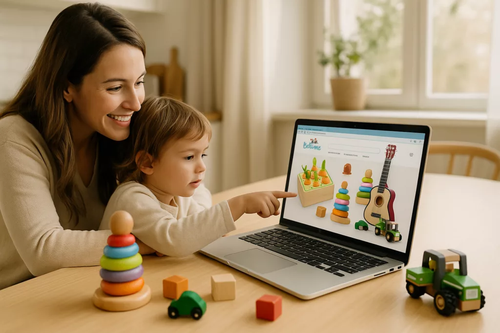 Майка и дете разглеждат дървени играчки от магазин Bellamiestore