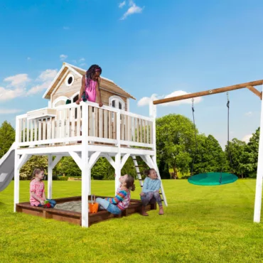 Детска дървена къща с пързалка и люлка за двор, играчки за навън, подходяща за деца