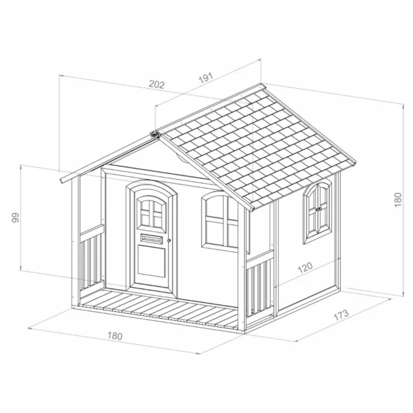 Размери на къщичка за игра Milan AXI с веранда – технически чертеж.