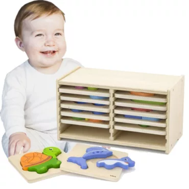 Комплект дървени пъзели с кутия, различни цветни животни, за бебета и малки деца