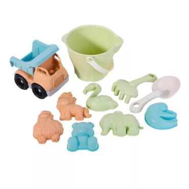 Еко играчки за пясък с камионче, кофичка и формички животни, безопасни материали, играчки за навън