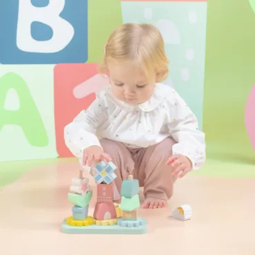 Дървен конструктор със зъбни колела и къщички, развива координация, дърво, за бебета над 1 година