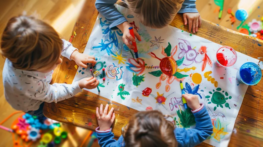 Групово рисуване с бои за развитие на детската фина моторика и социално въображение