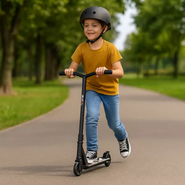 Детска тротинетка Kinderkraft черна каска безопасност активна игра деца 5+