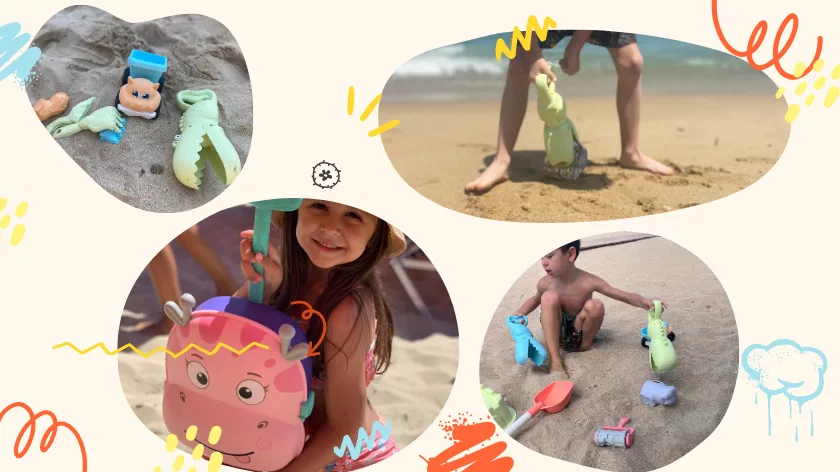 Щастливи деца играят на плажа с биоразградими играчки – мисията на BellamieStore за природа и семейство.