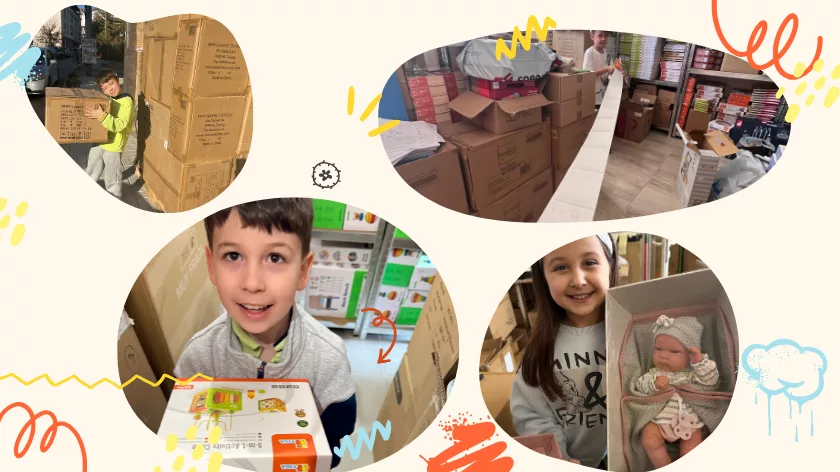 Деца участват в работата на семеен склад за дървени играчки – екип, отговорност и усмивки.