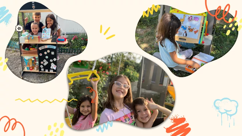 Деца играят и творят с дървени играчки на двора – радост, творчество и приятелство в BellamieStore.