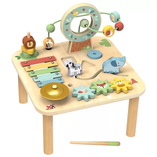 Активна маса за игра с ксилофон, зъбни колела и горски животни от дърво