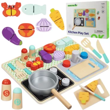 Дървен готварски комплект с тиган, зеленчуци, прибори и кутия, Tooky Toy, образователна играчка