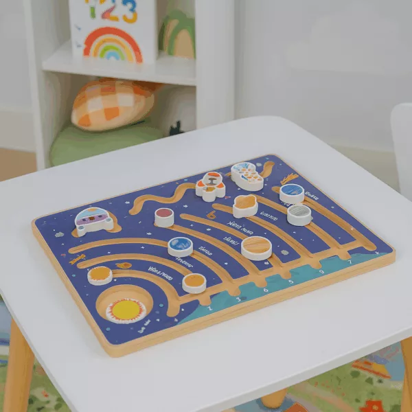 Дървен лабиринт – Слънчевата система от Tooky Toy, син цвят, образователна играчка с планети и астронавти